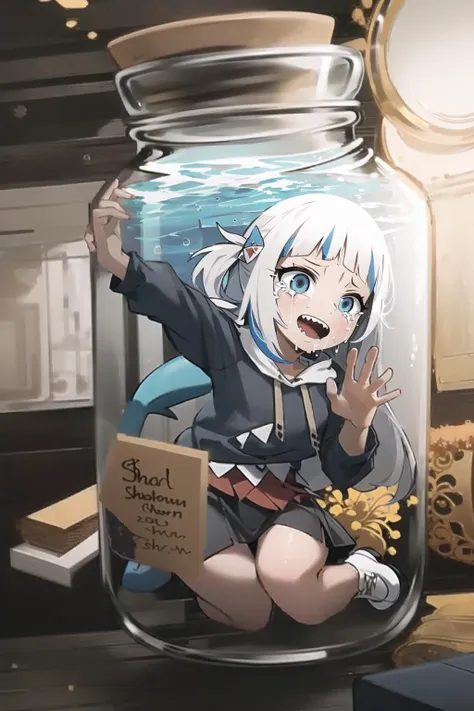 anime girl sitting in a jar with a sign in it