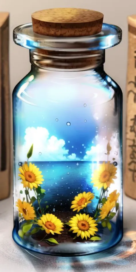 there is a glass jar with a picture of sunflowers inside of it