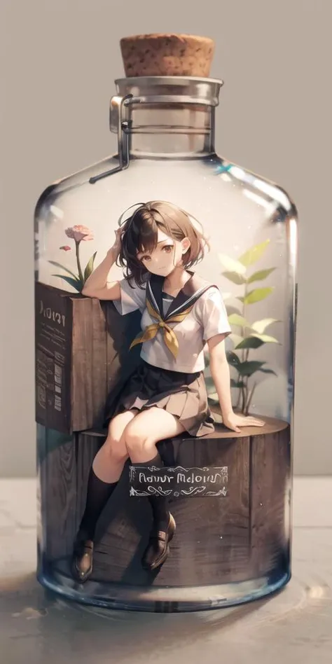 a close up of a bottle with a girl sitting on a table