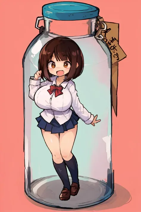 a cartoon girl in a school uniform is standing in a glass jar