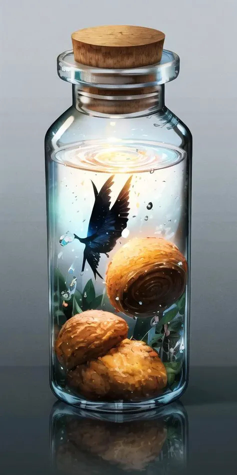 a close up of a jar with a bird inside of it