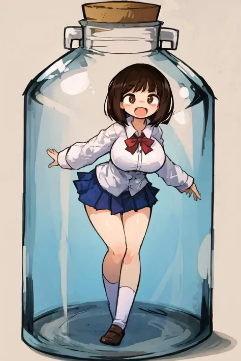 a cartoon girl in a school uniform is in a glass jar