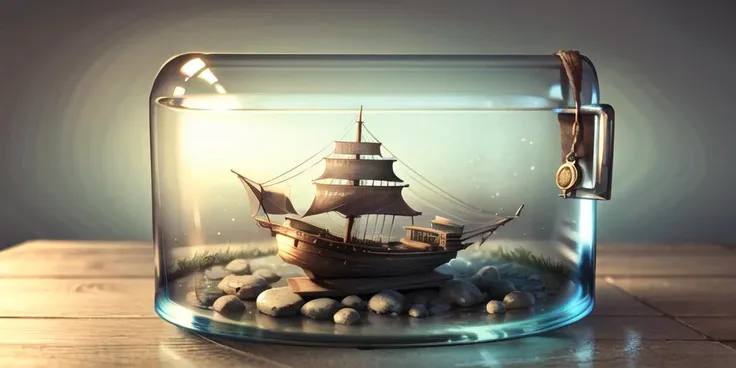 there is a ship in a bottle with rocks and water