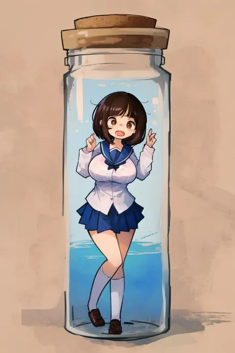 a cartoon picture of a woman in a sailor outfit in a jar