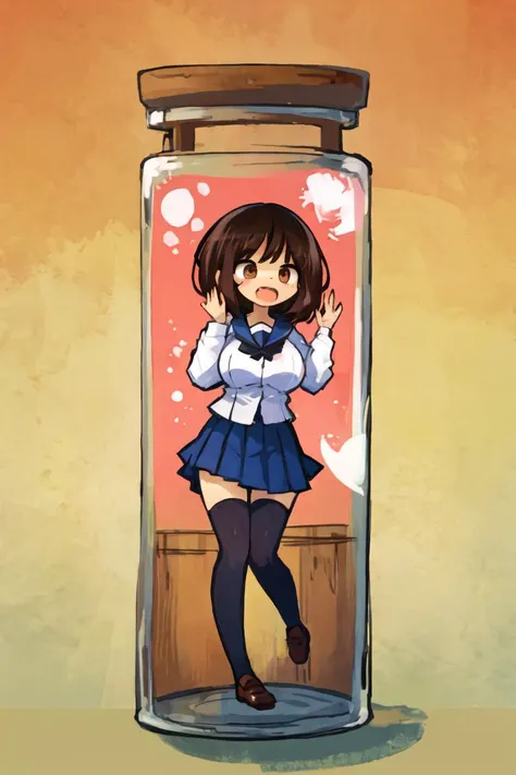 a cartoon picture of a girl in a school uniform in a jar