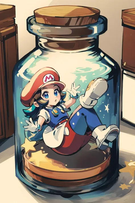 a close up of a cartoon character in a glass jar