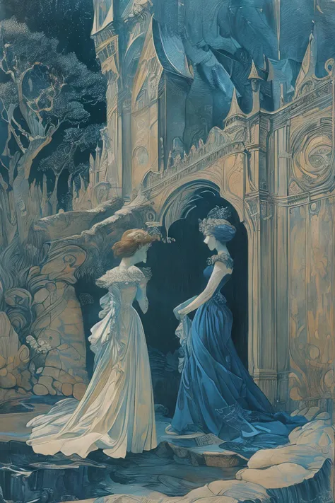 painting of two women in blue dresses walking in front of a castle