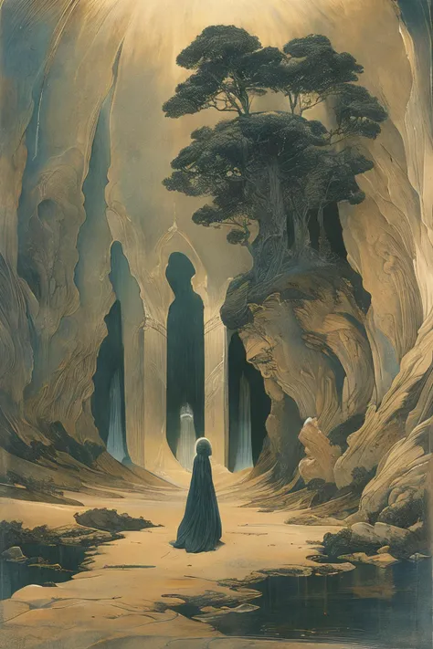 a painting of a woman in a black dress standing in a cave