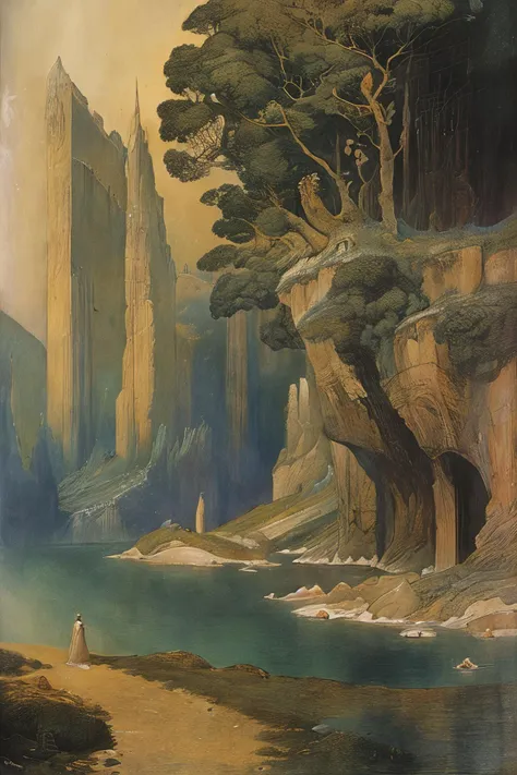 painting of a man standing on a cliff overlooking a river