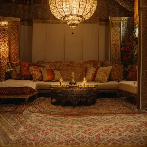 (masterpiece:1.2), (best quality,:1.2), 8k, HDR, ultra detailed, ((photorealistic)), perfect anatomy, professional light, cinematic lighting, fashion photography, ambient lighting, <lora:detail_slider_v4:2.5>,  an arabian room with a couch, a carpet, a sma...