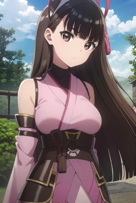 bofurikasumi, <lora:bofuri kasumi s2-lora-nochekaiser:1>,
kasumi, long hair, black hair, ribbon, hair ribbon, bangs, blunt bangs, (brown eyes:1.5),
BREAK thighhighs, detached sleeves, japanese clothes, black thighhighs, bare shoulders,
BREAK outdoors, fore...