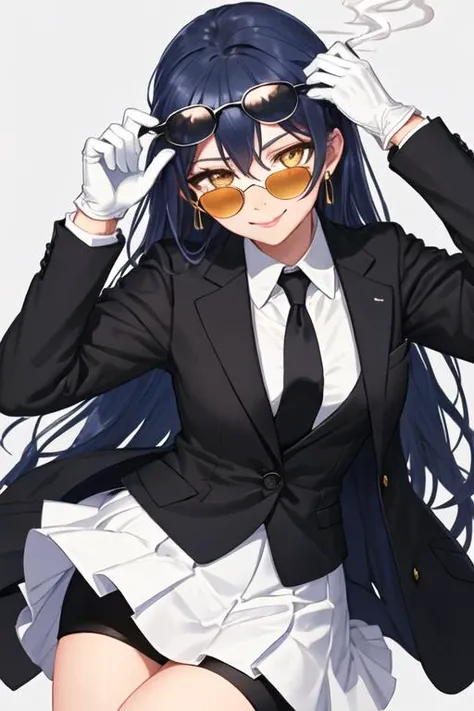 best quality, masterpiece, highres, solo, {black business suit:1.40}, {tie:1.20}, {sunglasses:1.25}, {white gloves:1.15}, {white shirt:1.10}, {black skirt:1.15}, {smoking:1.20}, handsome, {sonoda_umi_lovelive:1.15}, long_hair, blue_hair, yellow_eyes, blush...