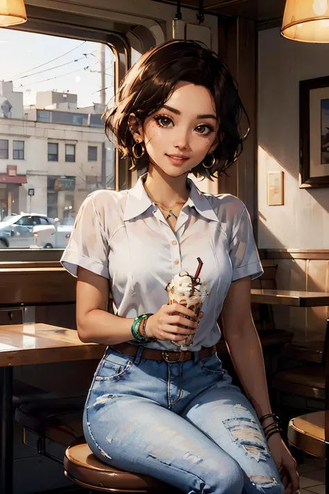 QuarryKaitlyn, short brown hair,  brown eyes, jewelry, white collared shirt, jeans, short sleeves, earrings, bracelet, hoop earrings,looking at viewer, smiling, 
interior of a diner, table, sitting, drinking a frosted milkshake glass, chocolate milkshake, ...