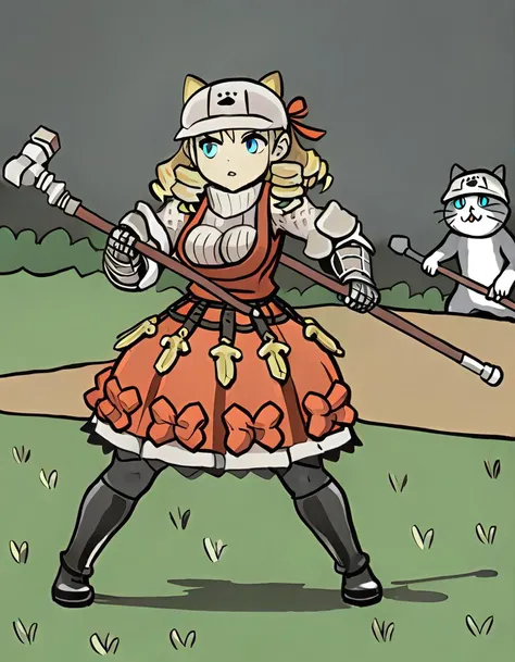 <lora:ska_am_xlv1:0.9>, ska_xl, 1girl, solo, blue eyes, blonde hair, drill hair, polearm, gauntlets, skirt, grass filed, battle, holding hammer, holding weapon, hammer, BREAK <lora:Genbaneko2_AnimagineXLv3:0.8>, GENBANEKO, HAT, GREY HEADWEAR, cat, multiple...