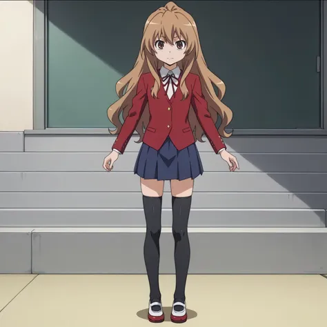 anime girl in school uniform standing in front of stairs