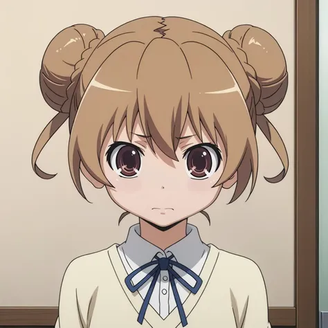 anime girl with a ponytail and a bow in front of a wall