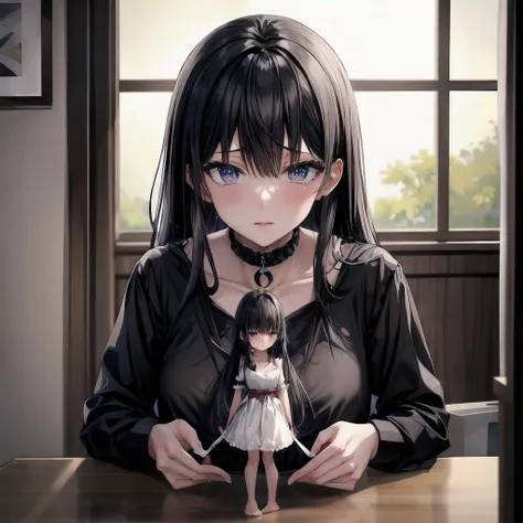 anime girl with black hair and blue eyes holding a doll