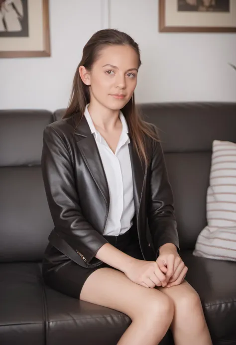 a woman in a black leather jacket sitting on a couch