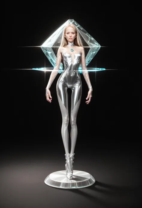 a woman in a shiny suit standing on a pedestal with a diamond