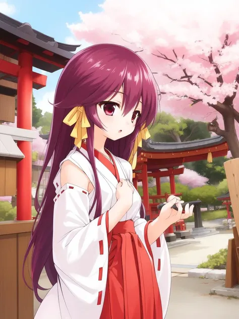 <lora:HeartfulCafe:0.8> kousaka_chika, 1girl, solo, purple hair,long hair,purple eyes,hair ribbon(Yellow),
japanese white clothes, miko, red hakama, shrine, cherry blossom,
masterpiece, high quality, very_high_resolution, large_filesize, full color,