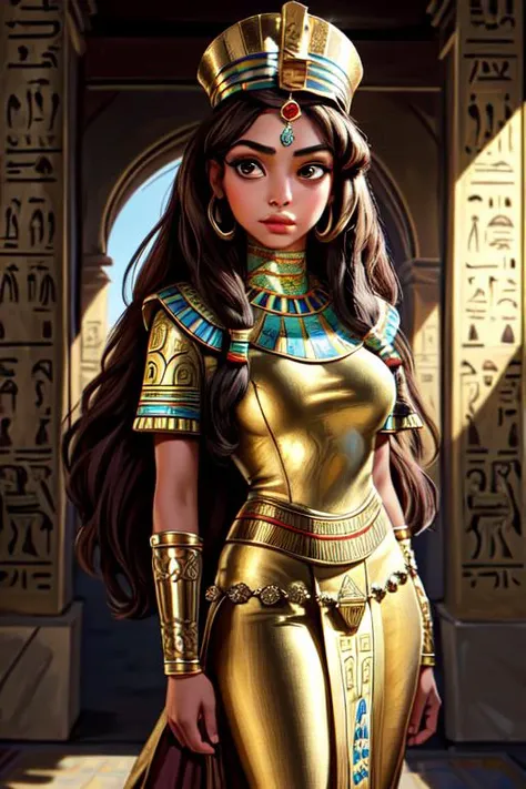 a woman in a gold outfit and a crown standing in front of an egyptian doorway