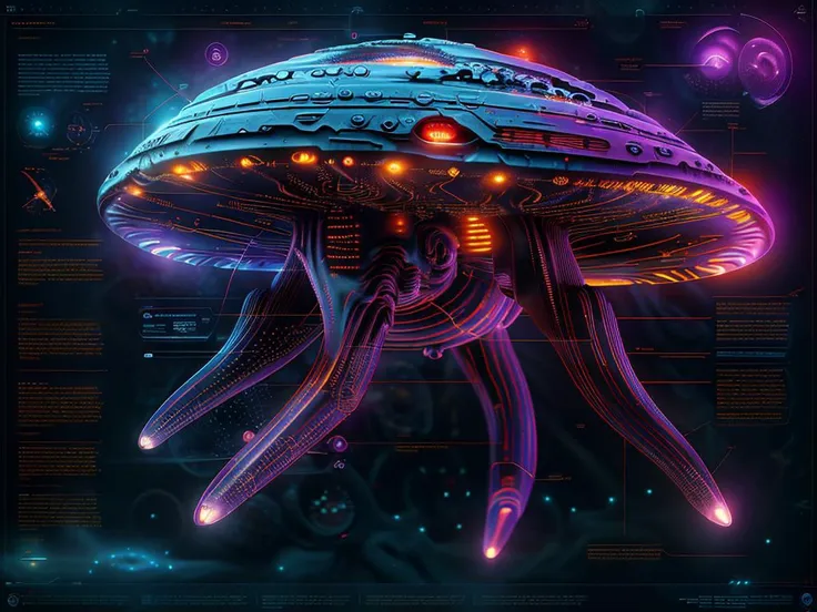 a futuristic alien spaceship with glowing lights and a large alien head