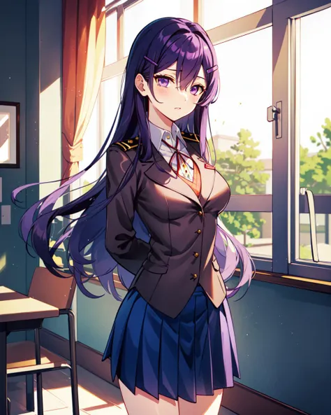 masterpiece, high quality, Yuri, purple eyes, hair ornament, hairclip, pleated skirt, skirt, purple hair, blue skirt, long hair, medium breasts, 1girl, solo, breasts, jacket, very long hair, uniform, standing, hands behind back, indoors, room, table, <lora...