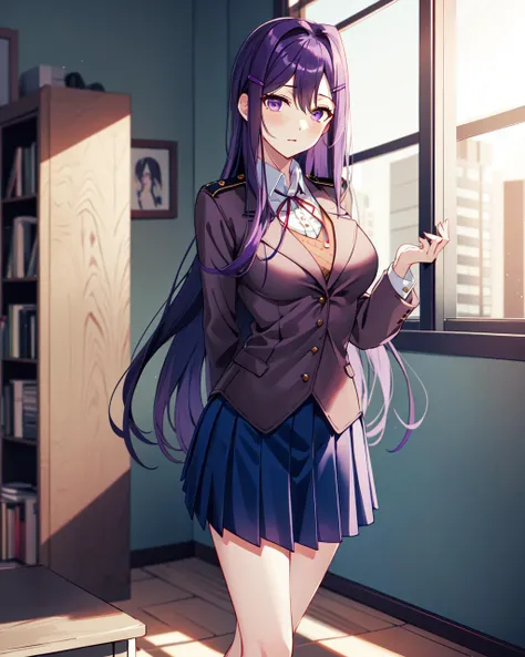 masterpiece, high quality, Yuri, purple eyes, hair ornament, hairclip, pleated skirt, skirt, purple hair, blue skirt, long hair, medium breasts, 1girl, solo, breasts, jacket, very long hair, uniform, standing, hands behind back, indoors, room, table, <lora...