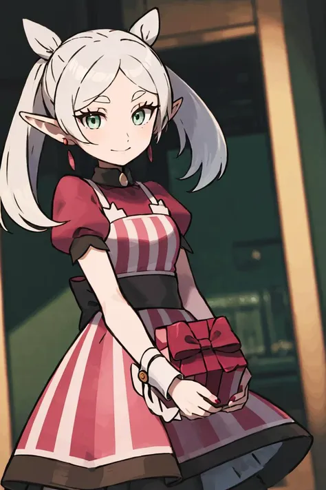 anime girl with white hair and a pink dress holding a red present