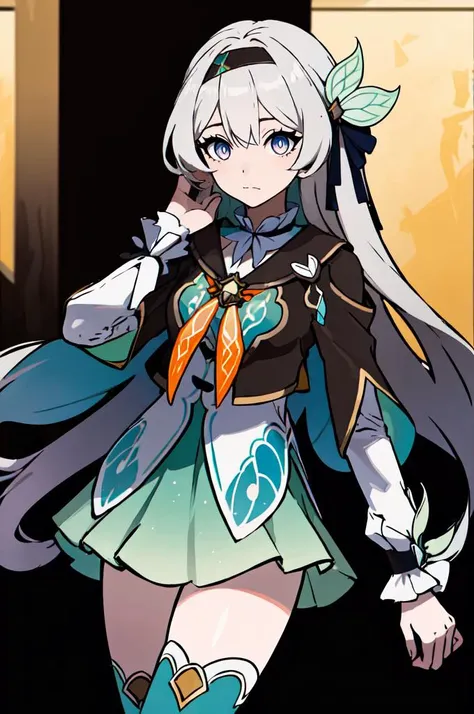 <lora:Sugimori_Ken_Style_v3:0.7>   <lora:firefly-v2-kozue:1> 1girl, blue eyes, grey hair, long hair, hair ornament, black hairband, long sleeves, green skirt, green thighhighs,, absurdres, ultra detailed, masterpiece, best quality, aesthetic, detailed,