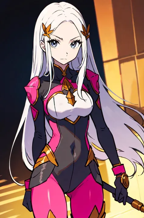 <lora:Sugimori_Ken_Style_v3:0.7> standing,, absurdres, ultra detailed, masterpiece, best quality, aesthetic, detailed,, serious, 1girl, (white eyes:1.1), (grey eyes:1.3), white hair, very long hair, parted hair, parted bangs, <lora:parted_hair_v1.3:1.3>, m...