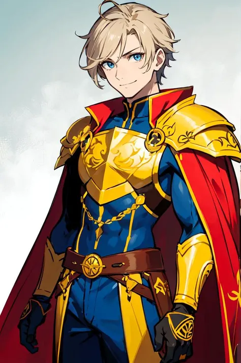 <lora:Sugimori_Ken_Style_v3:0.5>, absurdres, ultra detailed, masterpiece, best quality, aesthetic, detailed,, solo, smile, 1boy, blue eyes, medium blonde hair, parted bangs, hair intakes, male focus, muscular male,, armor, pauldrons, cuirass, gauntlets, wa...