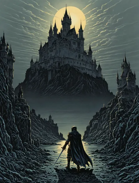 a poster of a man standing in front of a castle