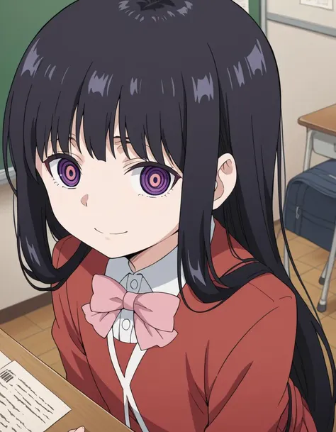 anime girl with long black hair and purple eyes sitting at a desk