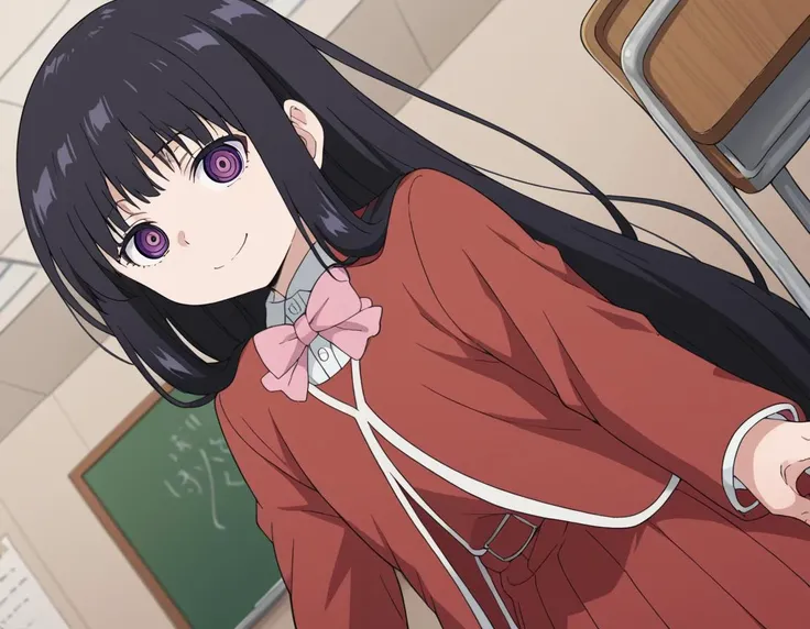 anime girl in red dress holding a remote control in a classroom