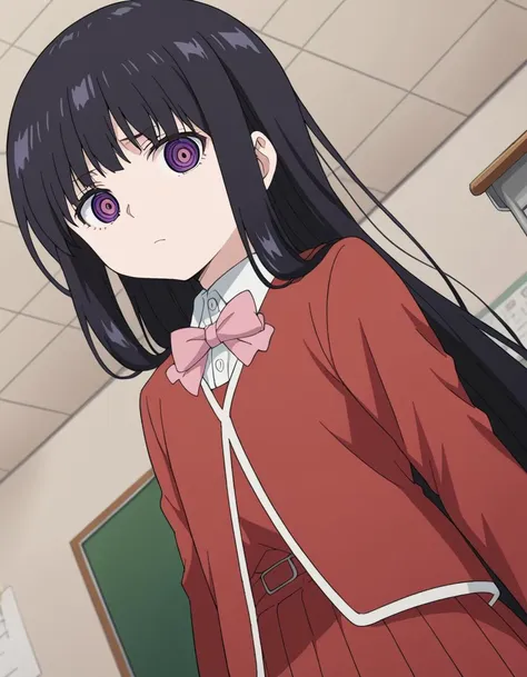 anime girl with long black hair and purple eyes in a classroom