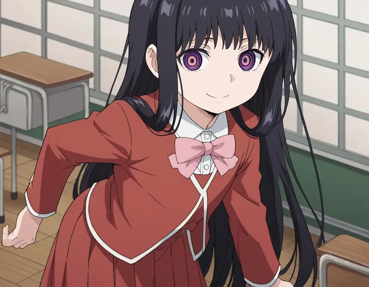 anime girl in a red dress with long black hair and a pink bow tie