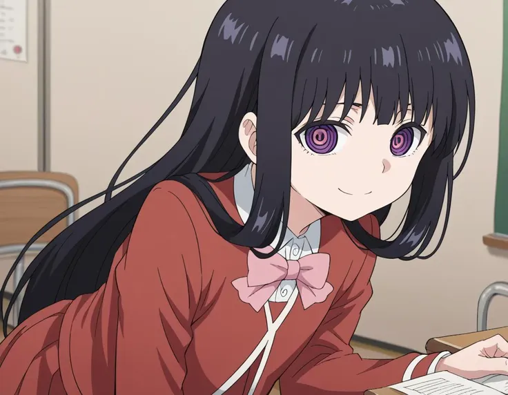 anime girl with long black hair and purple eyes sitting at a desk