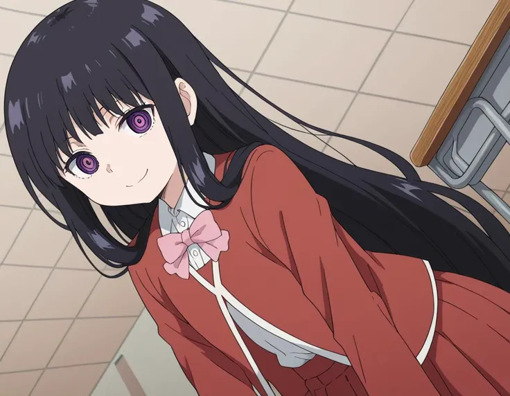 anime girl with long black hair and purple eyes in a red dress