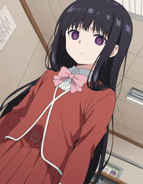 anime girl with long black hair wearing a red dress and a pink bow tie