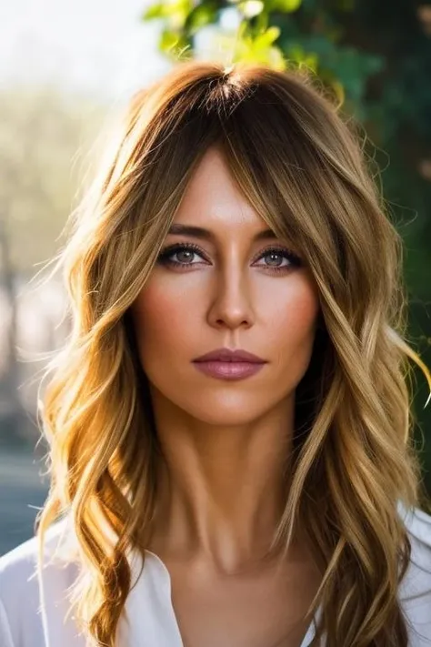 a woman with long blonde hair and blue eyes is posing for a picture