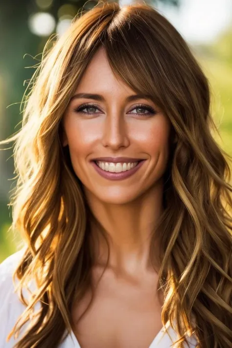 a woman with long hair and a white shirt smiling