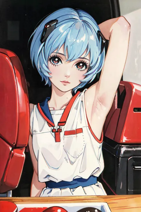 (best quality, masterpiece, RAW photo,ultra-detailed:1.2),  <lyco:GoodHands-beta2:1.0>1girl, pov, looking at viewer,
 ayanami<lyco:Ayanami:0.5> cowboy shot <lyco:80shoujo:0.5> close-up, show armpit,