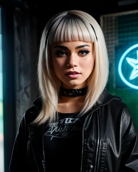 a close up of a woman with a black leather jacket and choker