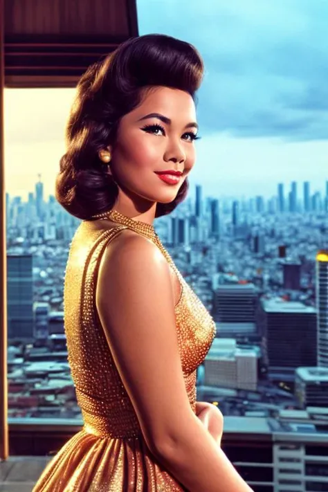 a young woman is posing in arooftop  with a city skyline in the background, dress, vintage hair, Thailand,
,<lora:epi_noiseoffset2:0.3>, <lora:more_details:0.6> ,<lora:Th_Posterok:1>,THPoster
(original: 1. 2), (realistic: 1. 5), ultra detail, high resoluti...