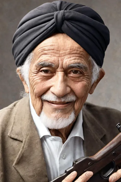 close-up photo portrait of a 80 yo aged Arab man, short grey hair, beard, black eyes, joyful face expression, turban, holding ak-47, military, simple background