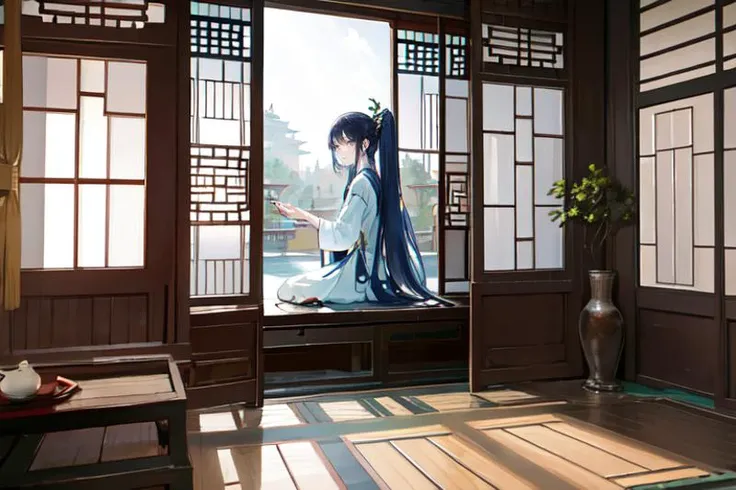 highly insanely detailed, masterpiece, top quality, best quality, highres, 4k, 8k, RAW photo, (very aesthetic, beautiful and aesthetic), (1girl:1.2), sitting, looking to the side, ancient_chinese_indoors, (window:1.3), indoors, (courtyard:1.3), sunlight, p...