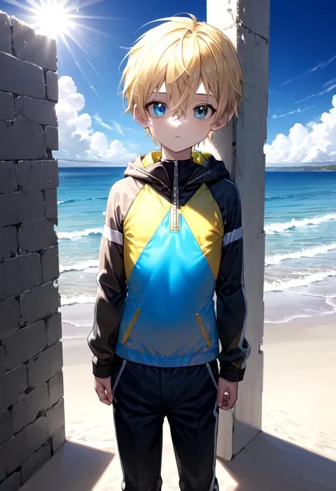 <lora:sota_epoch_13:0.6>,sota, solo,looking at viewer,short hair,bangs,blue eyes,blonde hair,long sleeves,1boy,hair between eyes,closed mouth,standing,wide rashguard jacket,male focus,cowboy shot,outdoors,sky,day,pants,cloud,hood,water,blue sky,ocean,beach...