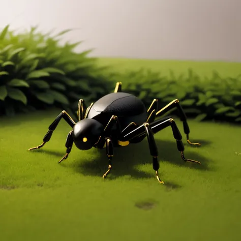 there is a black bug that is sitting on a green surface