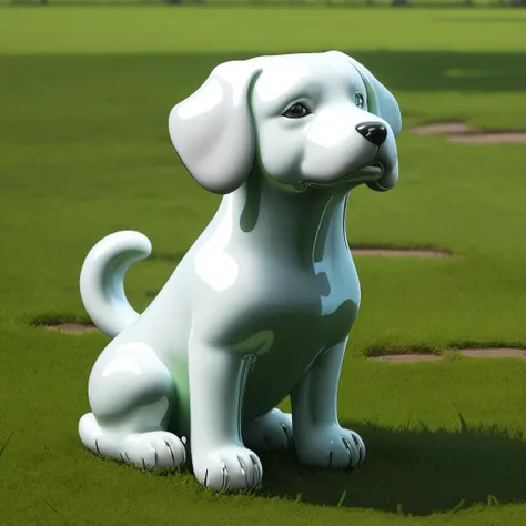 there is a white dog statue sitting on the grass in the park